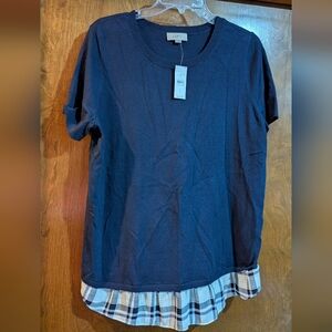 NWT L Loft Navy Blue Plaid Hem T-Shirt
